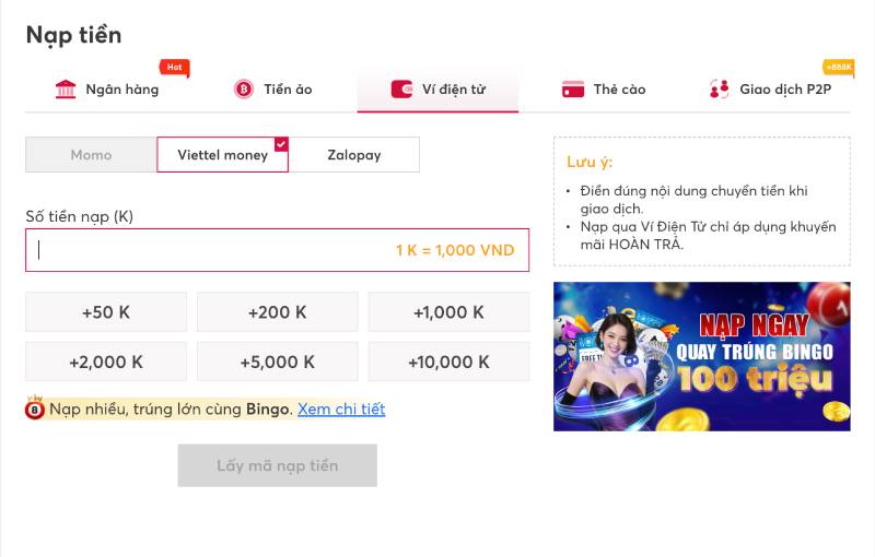 Nạp tiền Net88 bằng ví điện tử